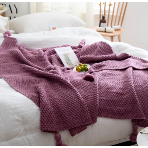 Chunky Knit Throw Blanket with Pom-Pom Tassels and Waffle Texture for Sofa - Image 6