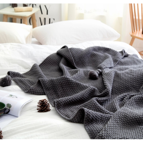 Chunky Knit Throw Blanket with Pom-Pom Tassels and Waffle Texture for Sofa - Image 7
