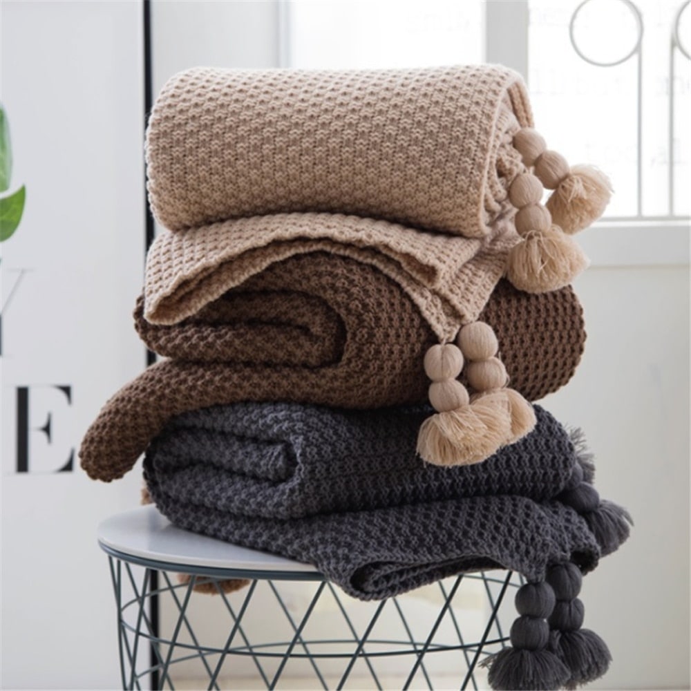 Chunky Knit Throw Blanket with Pom-Pom Tassels and Waffle Texture for Sofa - Image 8
