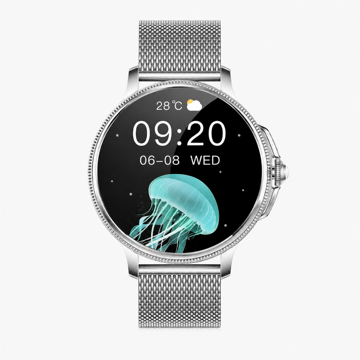 Montre connectée de fitness étanche pour femme, cadran rond, bracelet en maille métallique, rechargeable