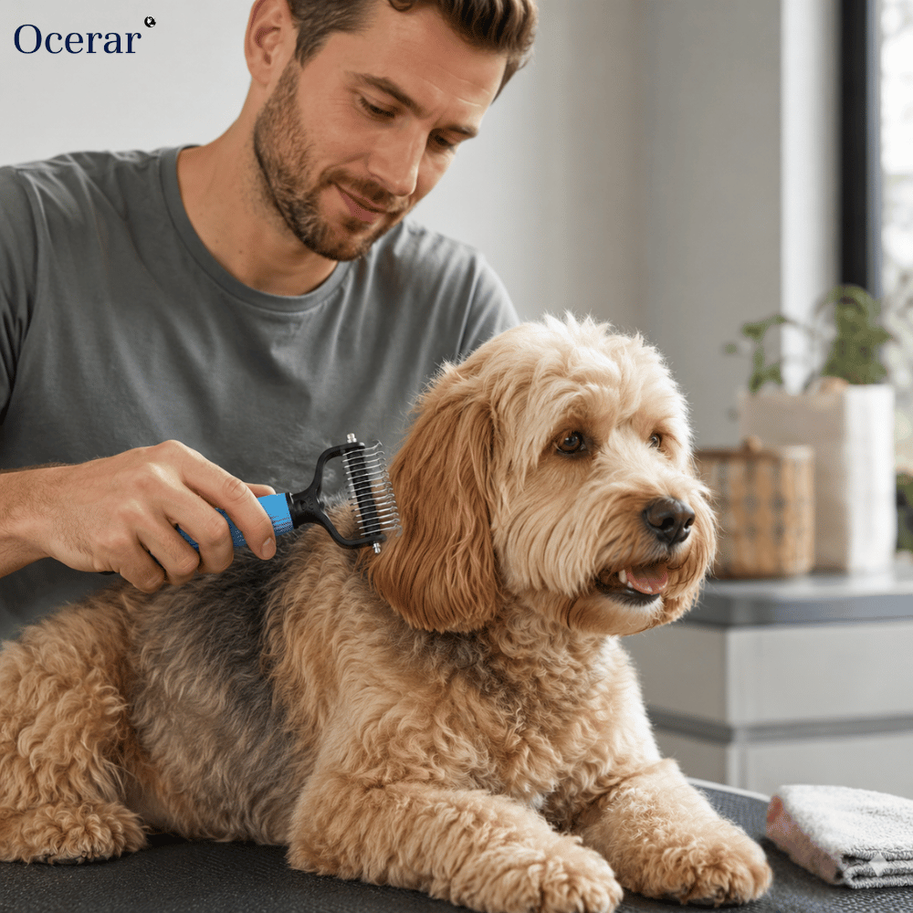 Dog Undercoat Brush with Double-Sided Rake and Curved Steel Teeth for Dematting - Image 1