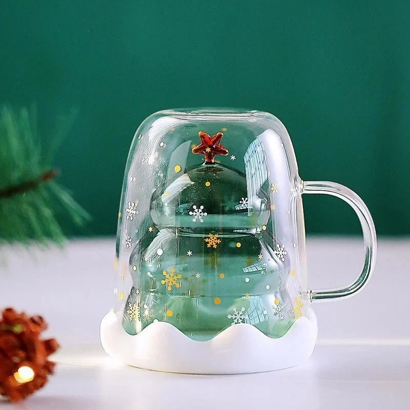 Double Wall Glass Mug with Christmas Tree Design Clear and Silicone Lid 300ml - Image 3