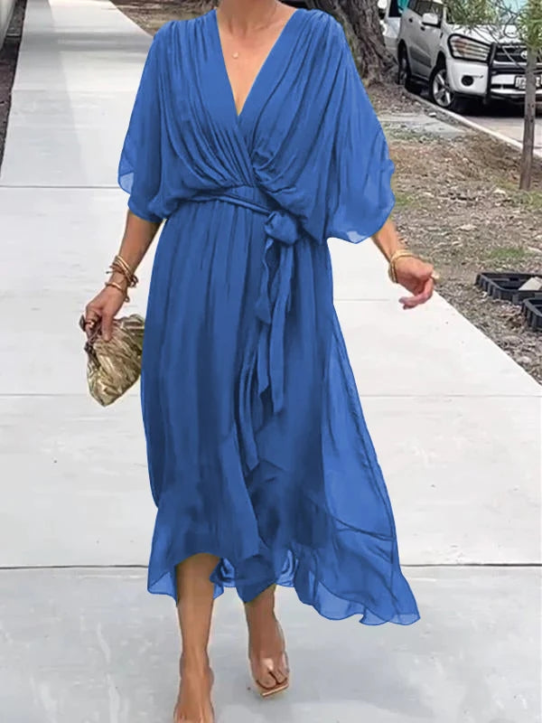 Élégante robe de soirée en mousseline - col en V, manches courtes, coupe fluide (S–5XL)