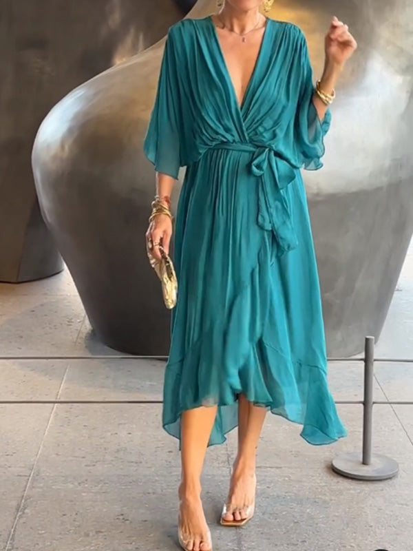 Élégante robe de soirée en mousseline - col en V, manches courtes, coupe fluide (S–5XL)