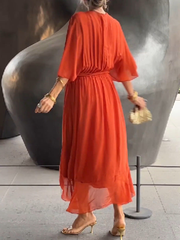 Élégante robe de soirée en mousseline - col en V, manches courtes, coupe fluide (S–5XL)