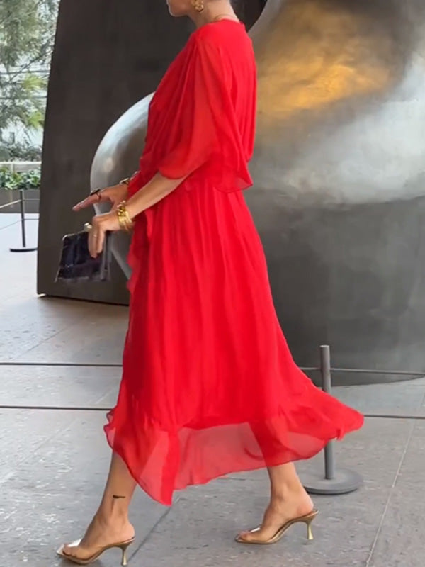 Élégante robe de soirée en mousseline - col en V, manches courtes, coupe fluide (S–5XL)