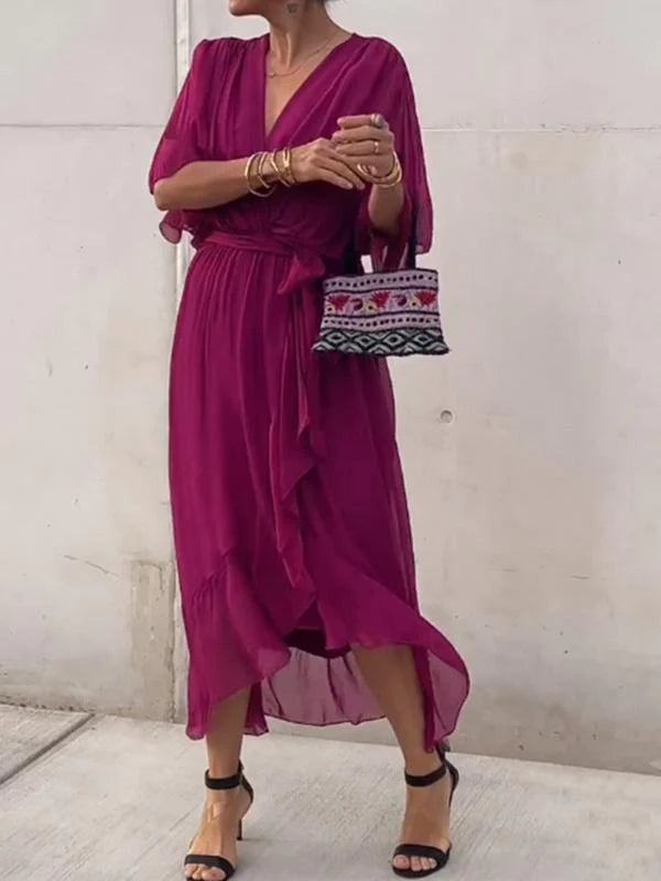 Élégante robe de soirée en mousseline - col en V, manches courtes, coupe fluide (S–5XL)