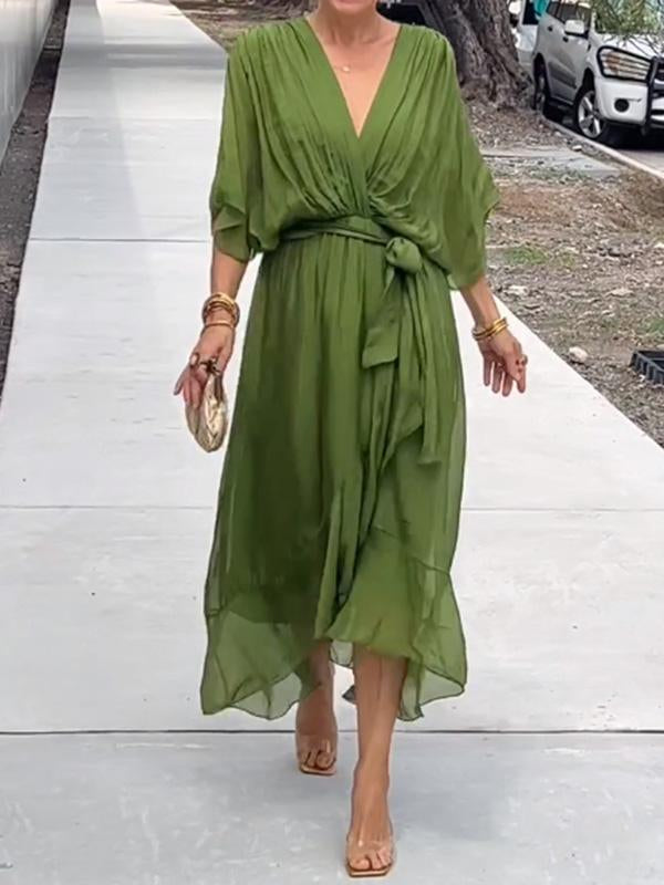 Élégante robe de soirée en mousseline - col en V, manches courtes, coupe fluide (S–5XL)