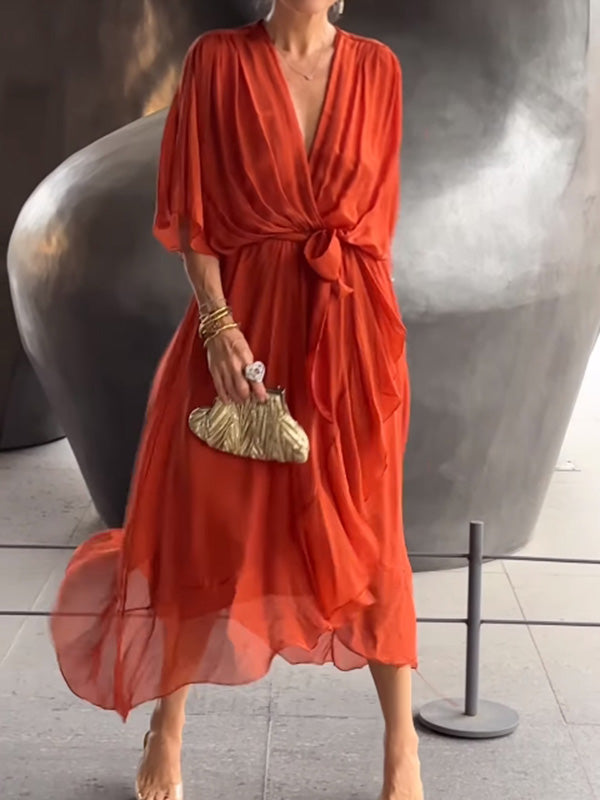 Élégante robe de soirée en mousseline - col en V, manches courtes, coupe fluide (S–5XL)