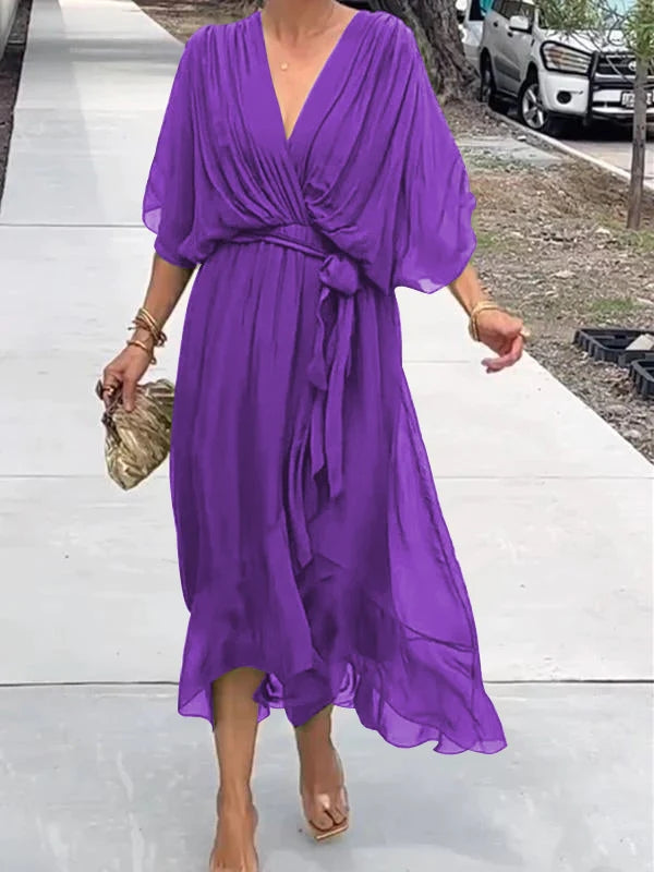 Élégante robe de soirée en mousseline - col en V, manches courtes, coupe fluide (S–5XL)