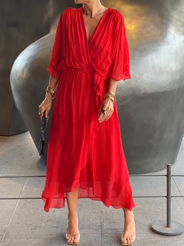 Élégante robe de soirée en mousseline - col en V, manches courtes, coupe fluide (S–5XL)