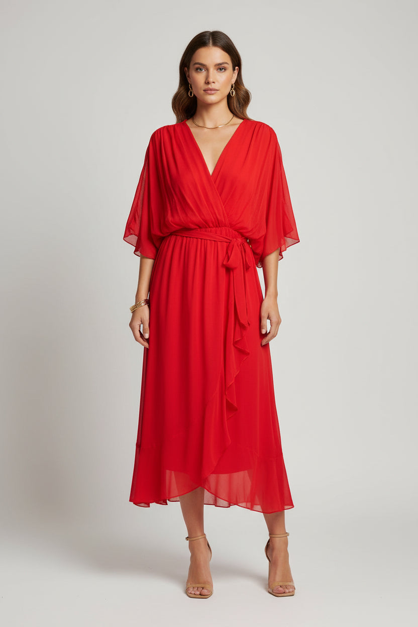 Élégante robe de soirée en mousseline - col en V, manches courtes, coupe fluide (S–5XL)