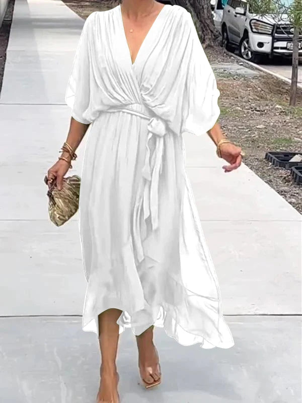 Élégante robe de soirée en mousseline - col en V, manches courtes, coupe fluide (S–5XL)