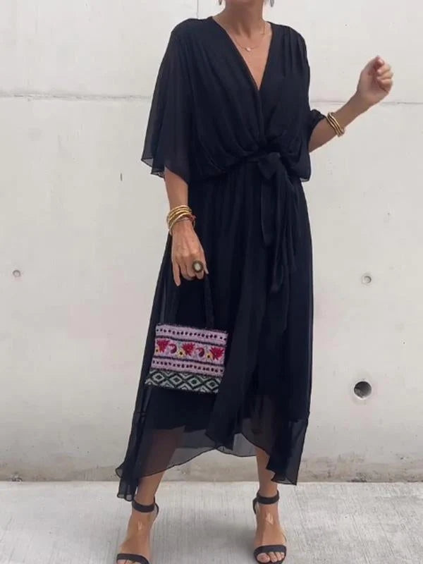 Élégante robe de soirée en mousseline - col en V, manches courtes, coupe fluide (S–5XL)