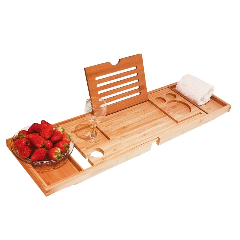 Expandable Bamboo Bath Caddy Tray with Folding Legs Wine Glass Slot and Tablet Stand - Image 6