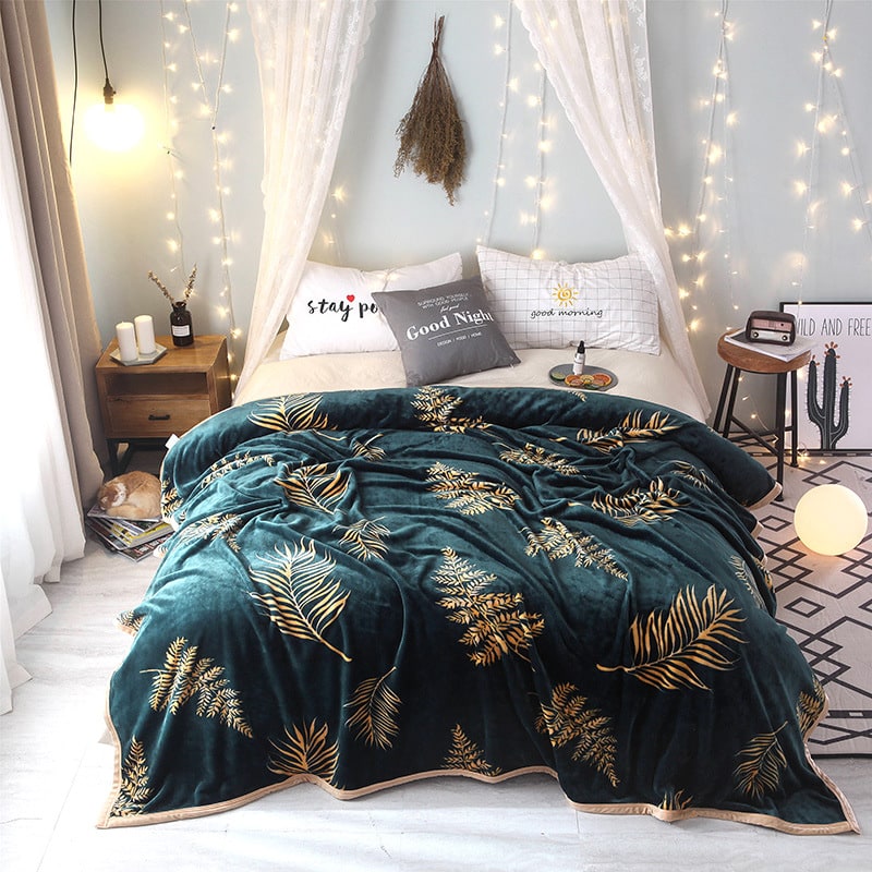 Fleece Throw Blanket with Faux Fur Soft Plush Botanical Leaf Print and Flannel Finish - Image 1