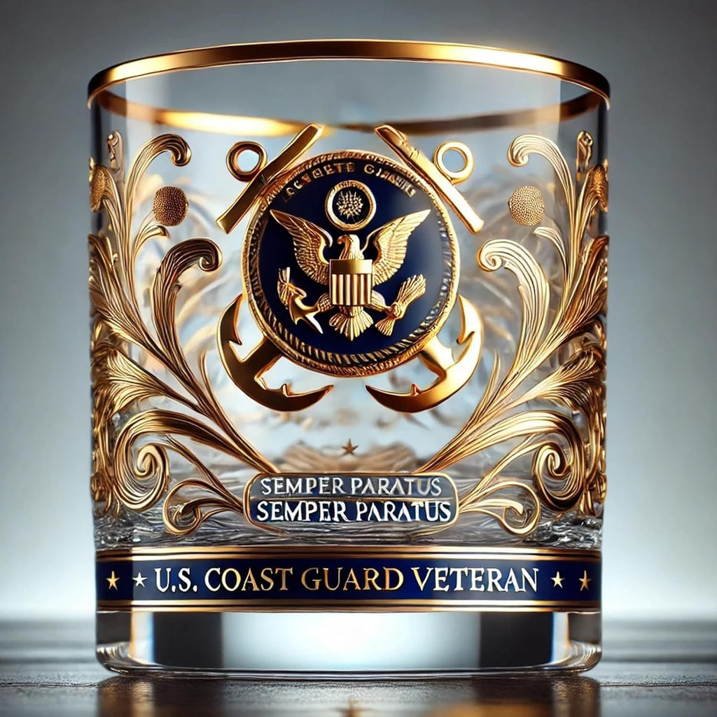 Glencairn Bourbon Whiskey Glass Set with Gold Military Emblem and Filigree Glassware - Image 1