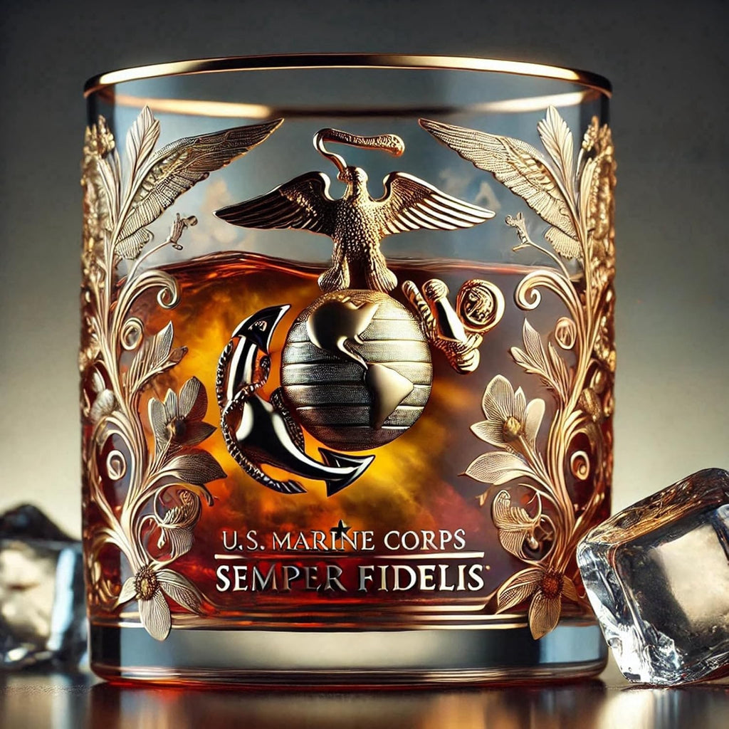 Glencairn Bourbon Whiskey Glass Set with Gold Military Emblem and Filigree Glassware - Image 4