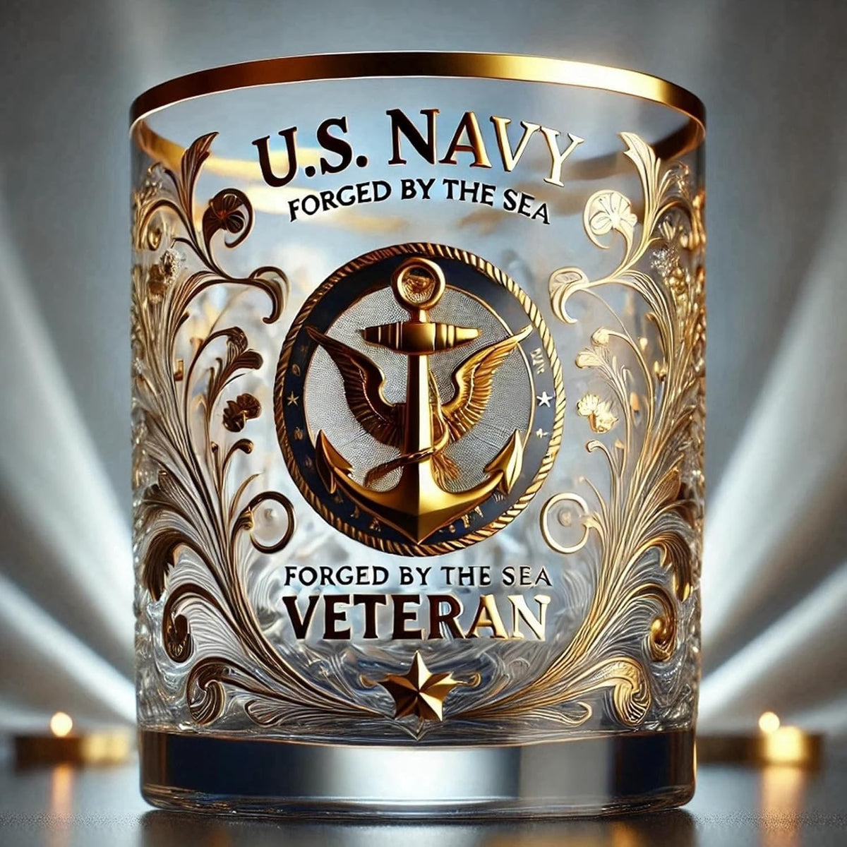 Glencairn Bourbon Whiskey Glass Set with Gold Military Emblem and Filigree Glassware - Image 5