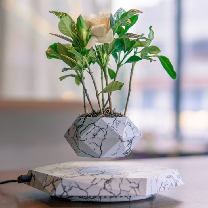 Kids' Levitating Plant Pot with Floating Magnetic Base and Marble Pattern Rotating Planter - Image 1
