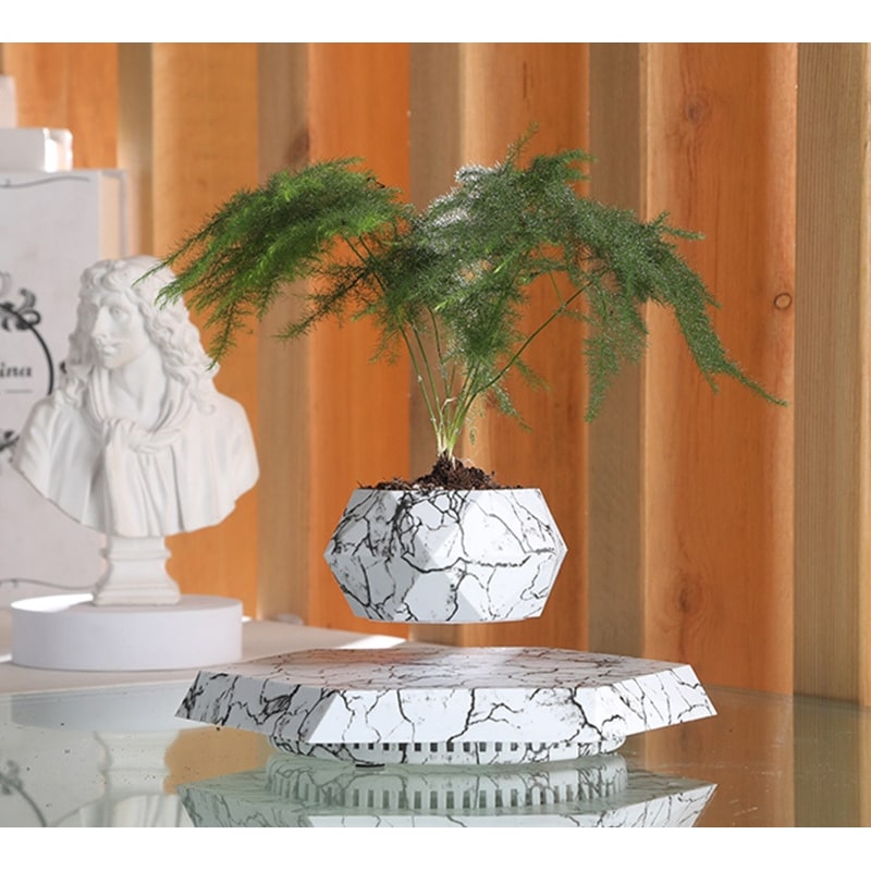 Kids' Levitating Plant Pot with Floating Magnetic Base and Marble Pattern Rotating Planter - Image 8