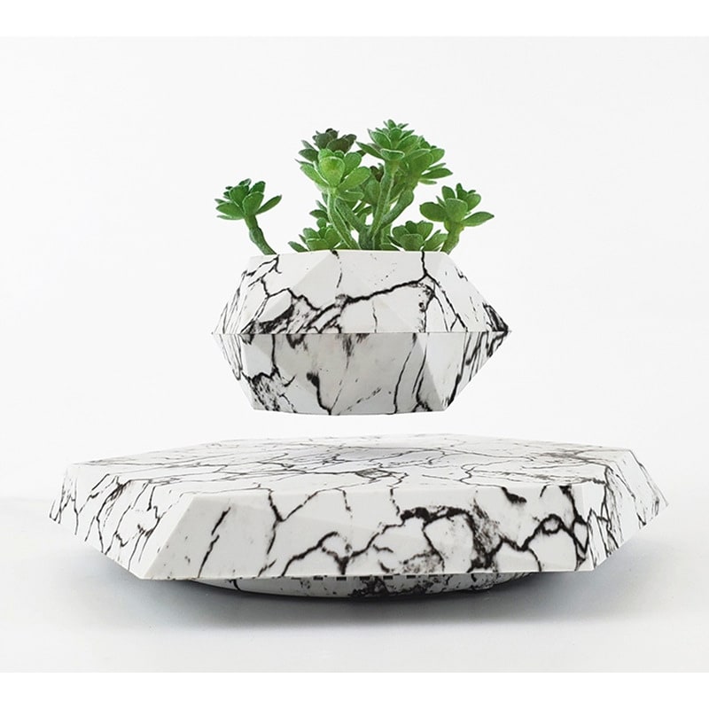 Kids' Levitating Plant Pot with Floating Magnetic Base and Marble Pattern Rotating Planter - Image 9