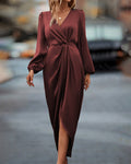 Nerise Calen. – Women’s V-Neck A-Line Midi Dress with Lantern Sleeves