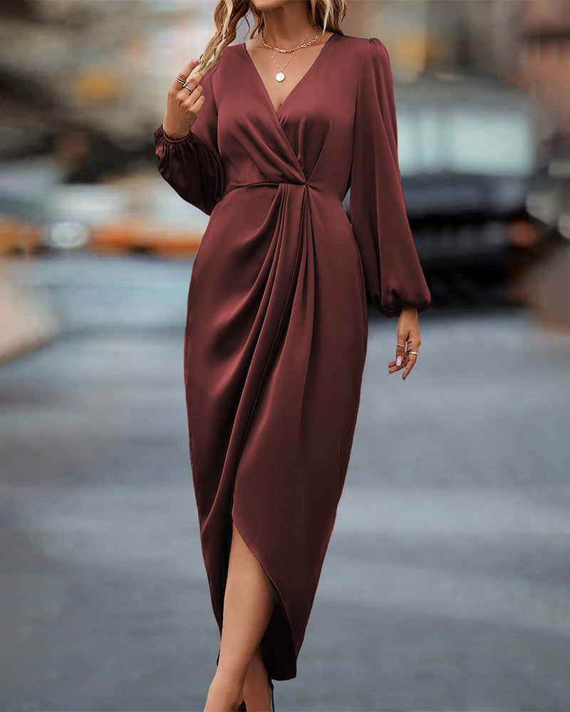 Nerise Calen. – Women’s V-Neck A-Line Midi Dress with Lantern Sleeves
