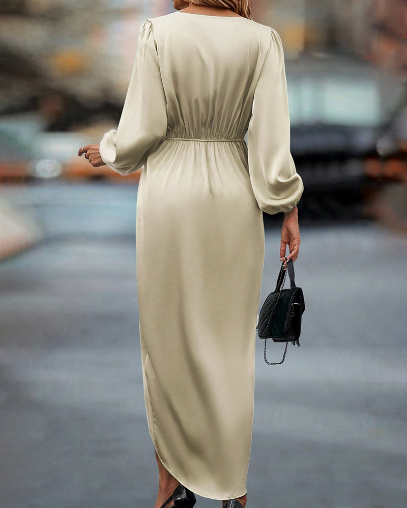 Nerise Calen. – Women’s V-Neck A-Line Midi Dress with Lantern Sleeves