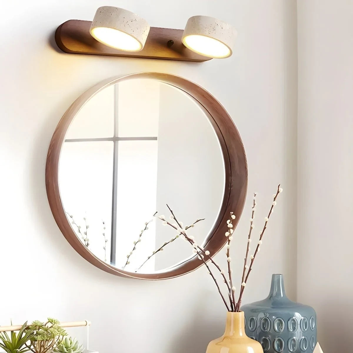 LED Wall Sconce with Travertine Stone and Wood Modern Adjustable Tilting Heads - Image 3