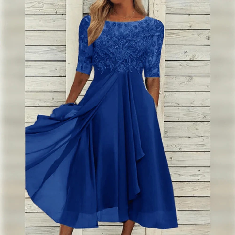 Line Wedding Guest Dress Floral Lace Midi Draped Chiffon Elbow Sleeves Formal Occasion - Image 9