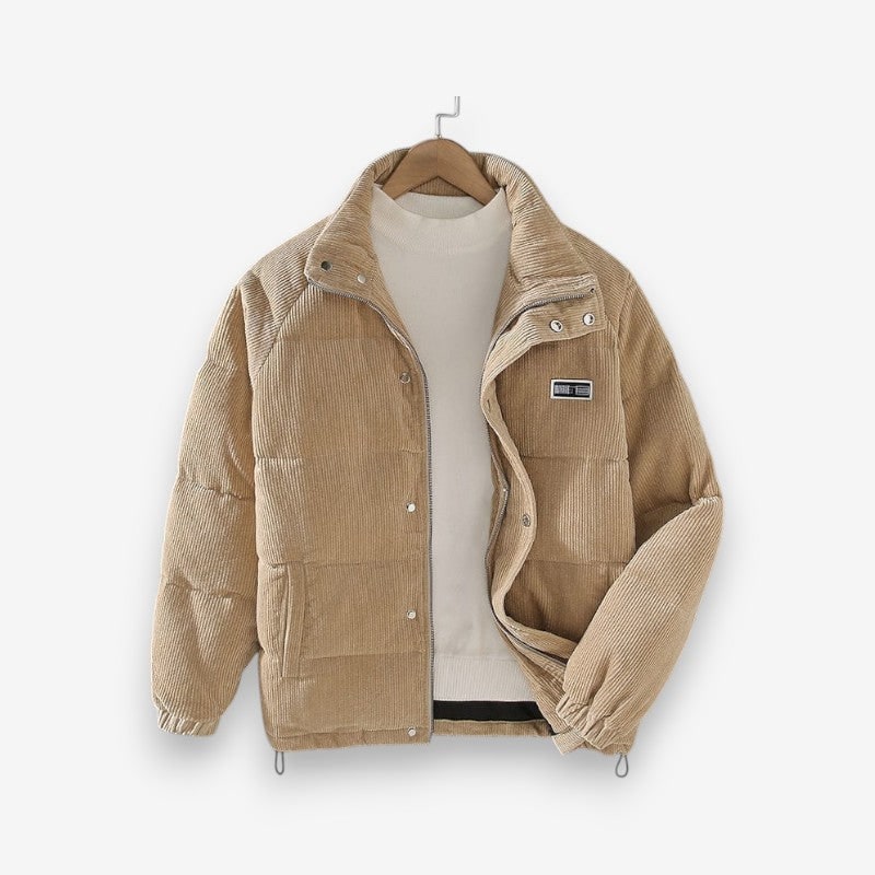 Men's Corduroy Puffer Jacket with Quilted Baffles and Long Sleeves - Image 1