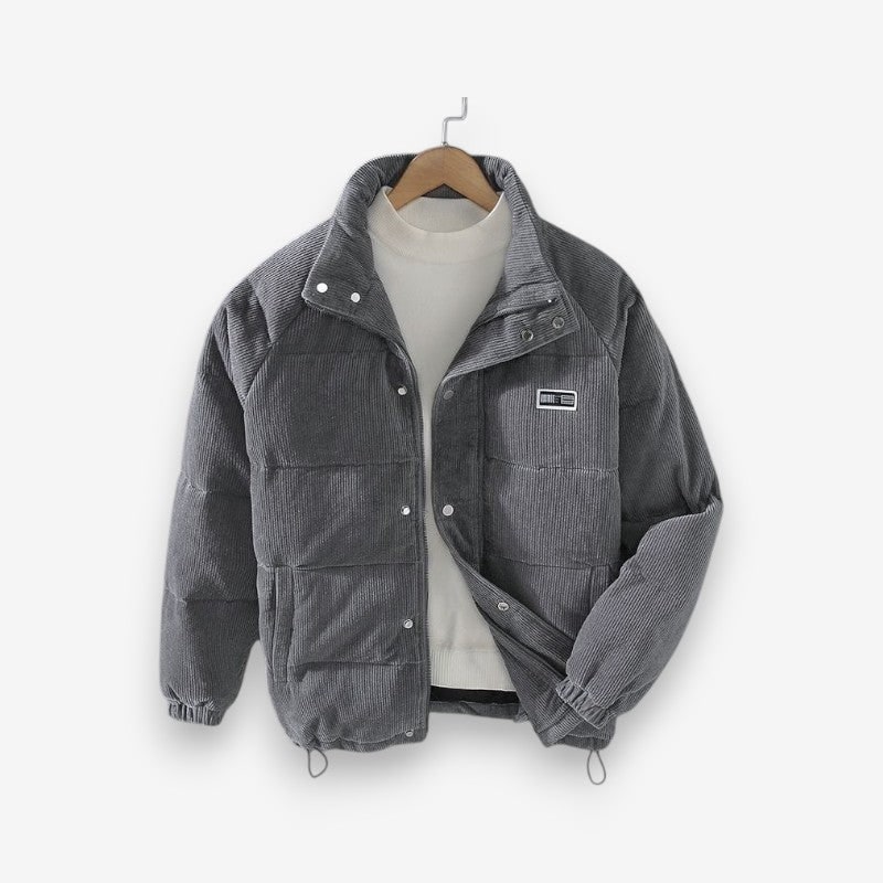 Men's Corduroy Puffer Jacket with Quilted Baffles and Long Sleeves - Image 2