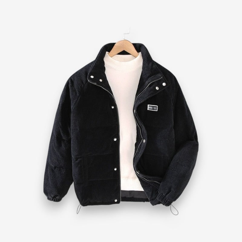 Men's Corduroy Puffer Jacket with Quilted Baffles and Long Sleeves - Image 3