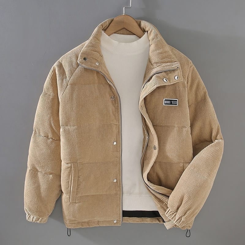 Men's Corduroy Puffer Jacket with Quilted Baffles and Long Sleeves - Image 4