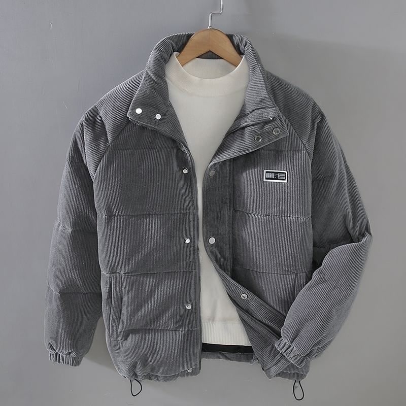 Men's Corduroy Puffer Jacket with Quilted Baffles and Long Sleeves - Image 5