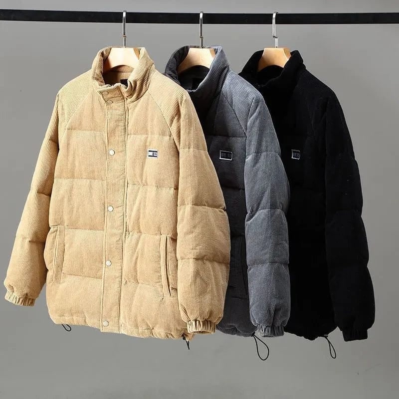 Men's Corduroy Puffer Jacket with Quilted Baffles and Long Sleeves - Image 7
