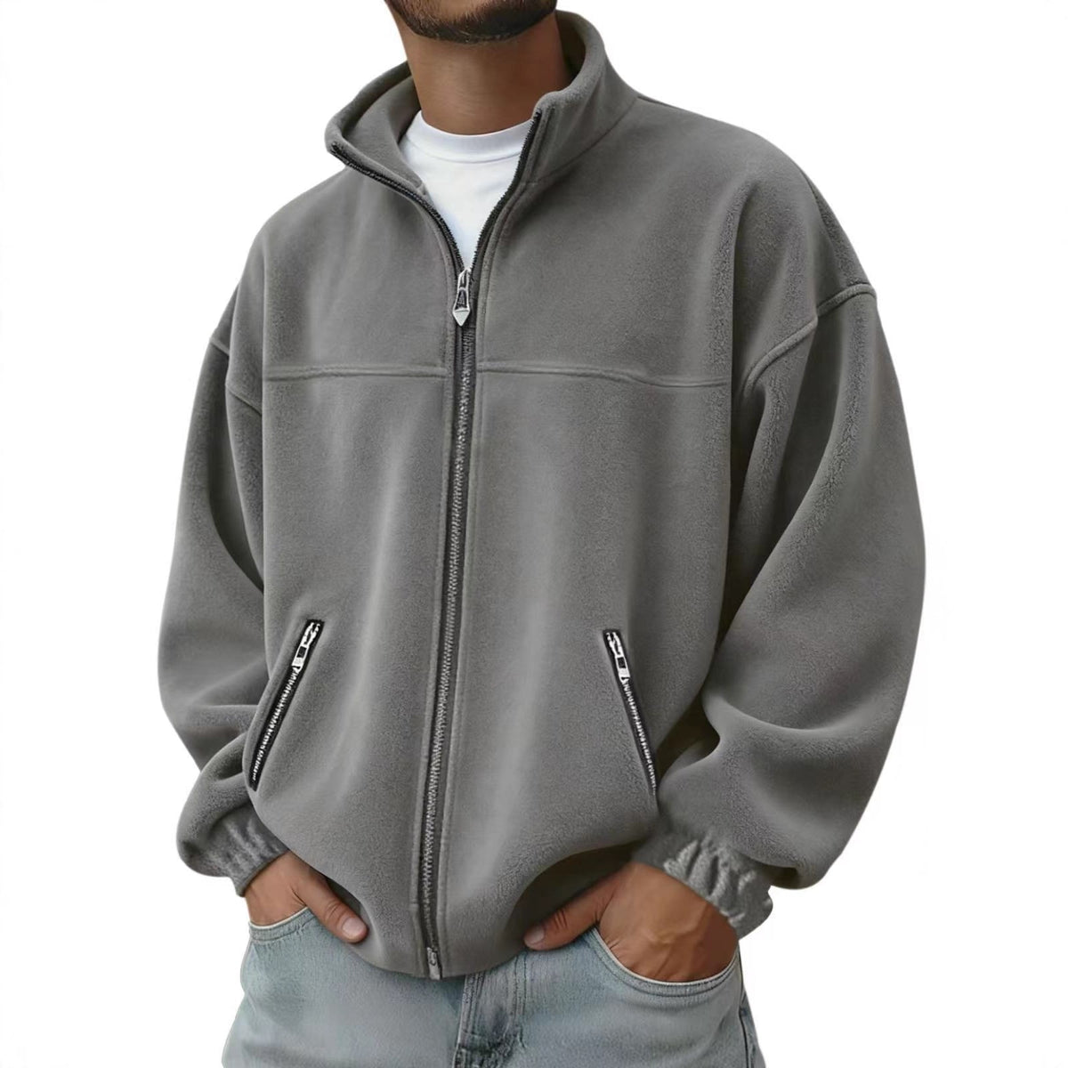 Men's Fleece Jacket Zip Up Coat with Stand Collar and Full Closure - Image 5