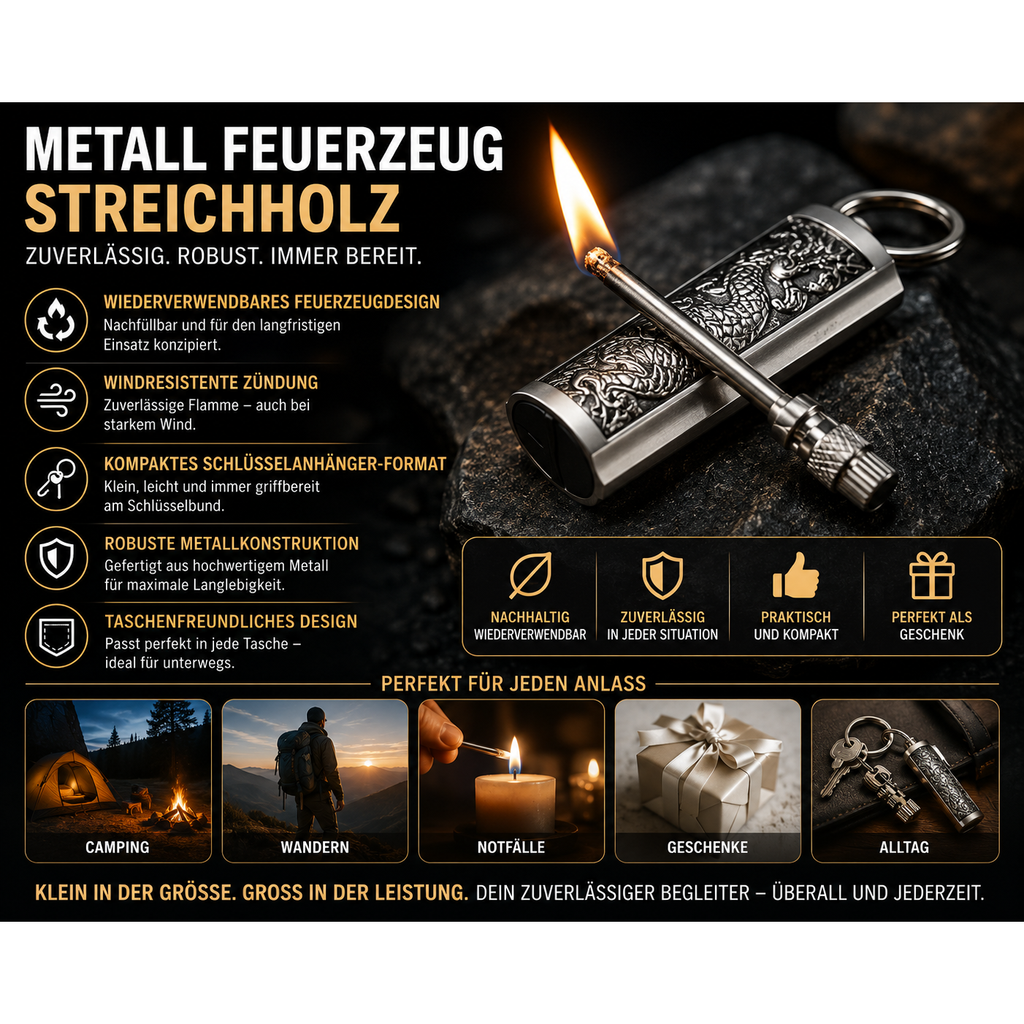 Men's Permanent Match Lighter Keychain with Metal Striker and Flint Fire Starter - Image 6