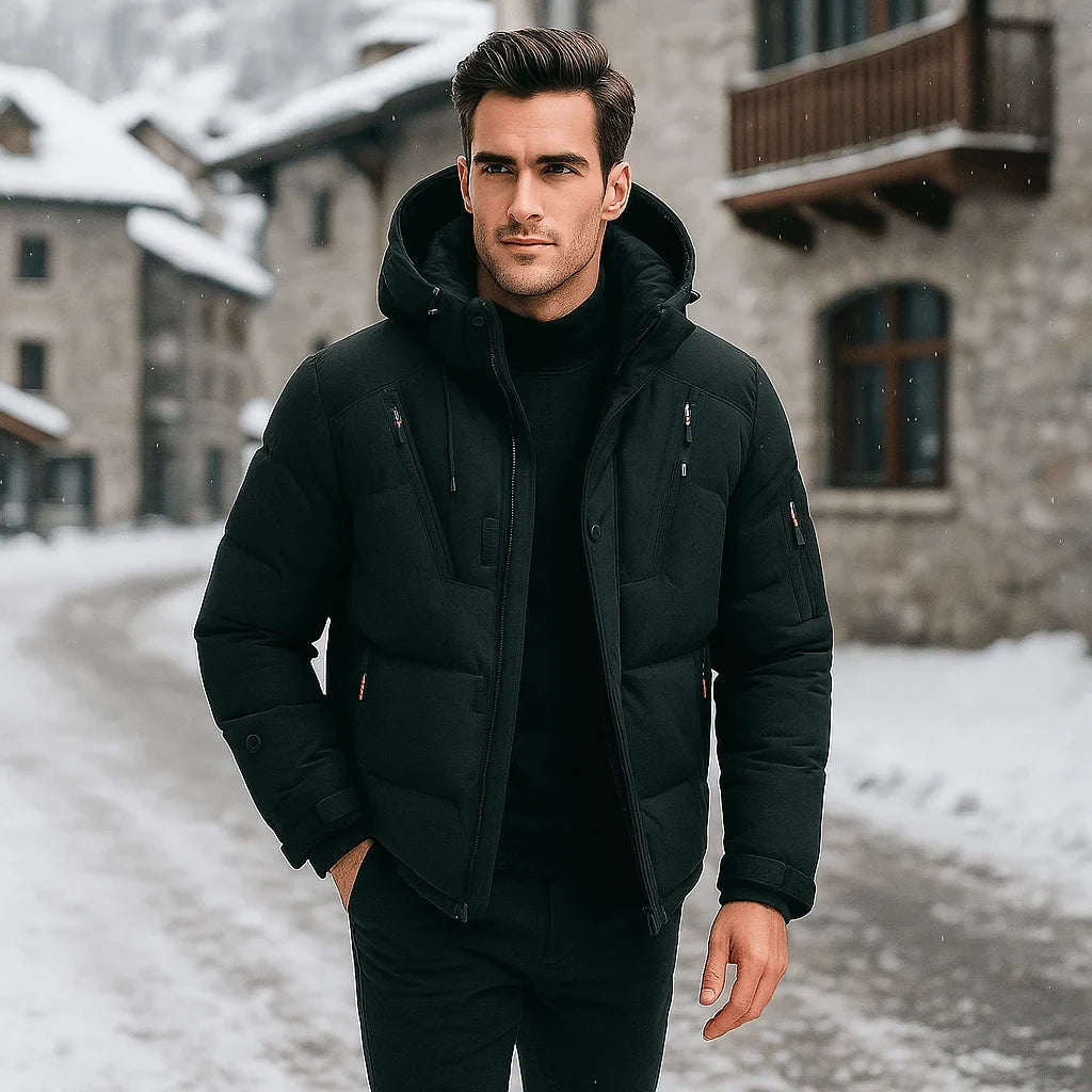 Men's Puffer Jacket with Adjustable Hood Quilted Down Fill and Zippered Pockets - Image 1