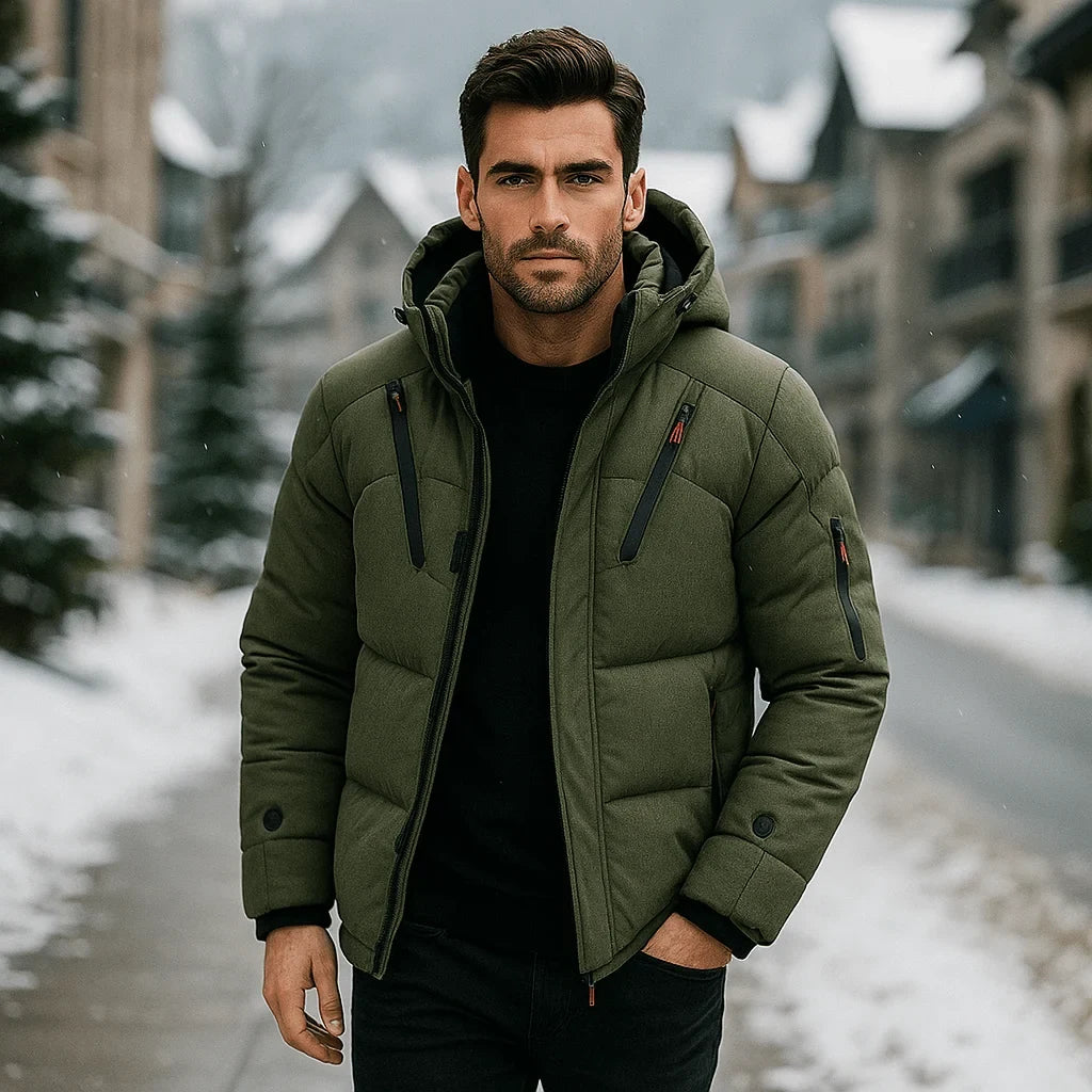 Men's Puffer Jacket with Adjustable Hood Quilted Down Fill and Zippered Pockets - Image 3
