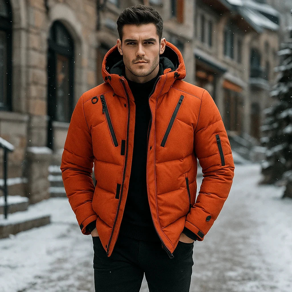 Men's Puffer Jacket with Adjustable Hood Quilted Down Fill and Zippered Pockets - Image 4