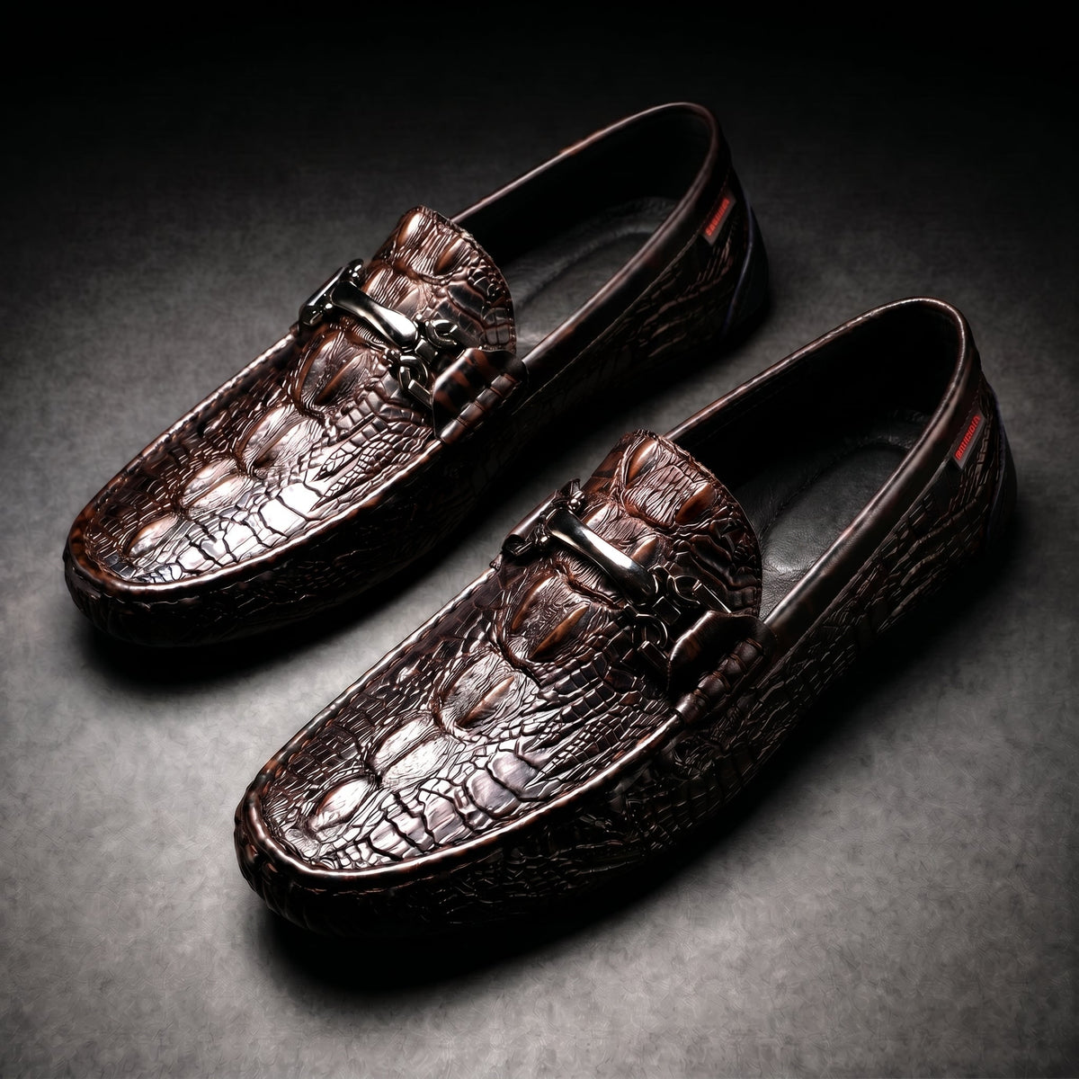 Men's Slip on Loafers with Croc Embossed Leather and Metal Bit Detail - Image 1