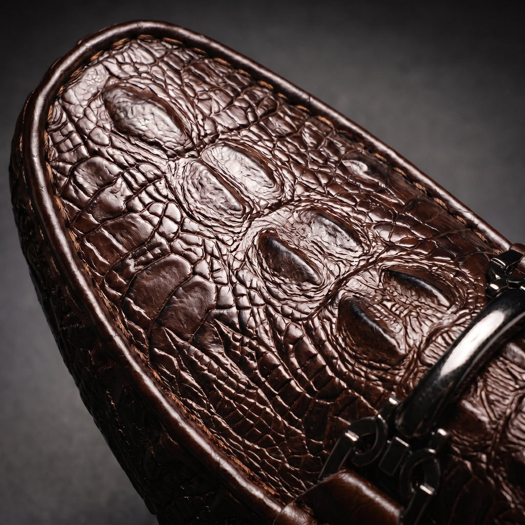 Men's Slip on Loafers with Croc Embossed Leather and Metal Bit Detail - Image 4