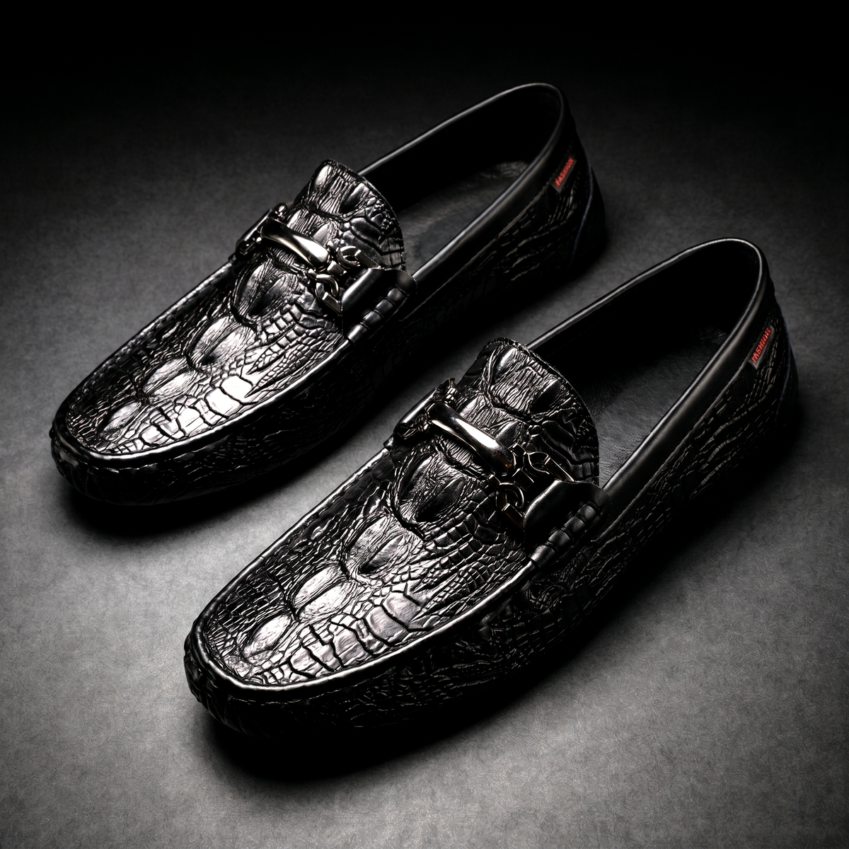 Men's Slip on Loafers with Croc Embossed Leather and Metal Bit Detail - Image 5