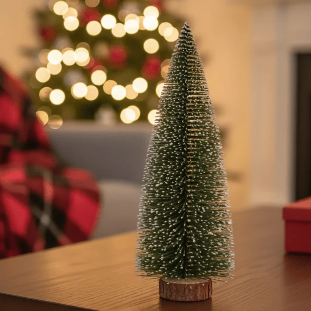 Mini Christmas Trees with Frosted Bottle Brush Branches and Natural Wood Base for Tabletop Decor - Image 1