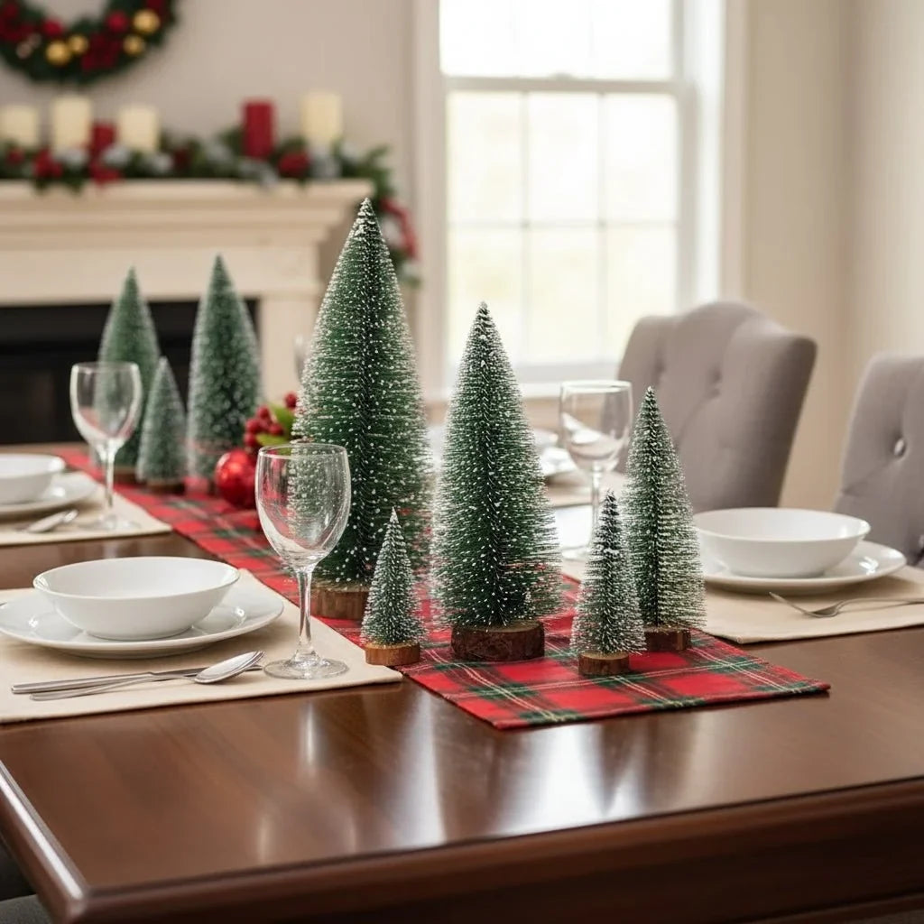 Mini Christmas Trees with Frosted Bottle Brush Branches and Natural Wood Base for Tabletop Decor - Image 2