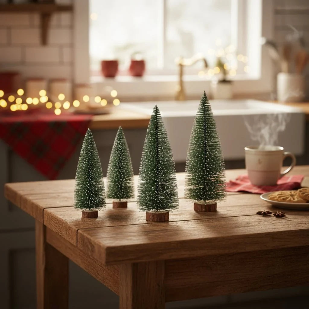Mini Christmas Trees with Frosted Bottle Brush Branches and Natural Wood Base for Tabletop Decor - Image 3