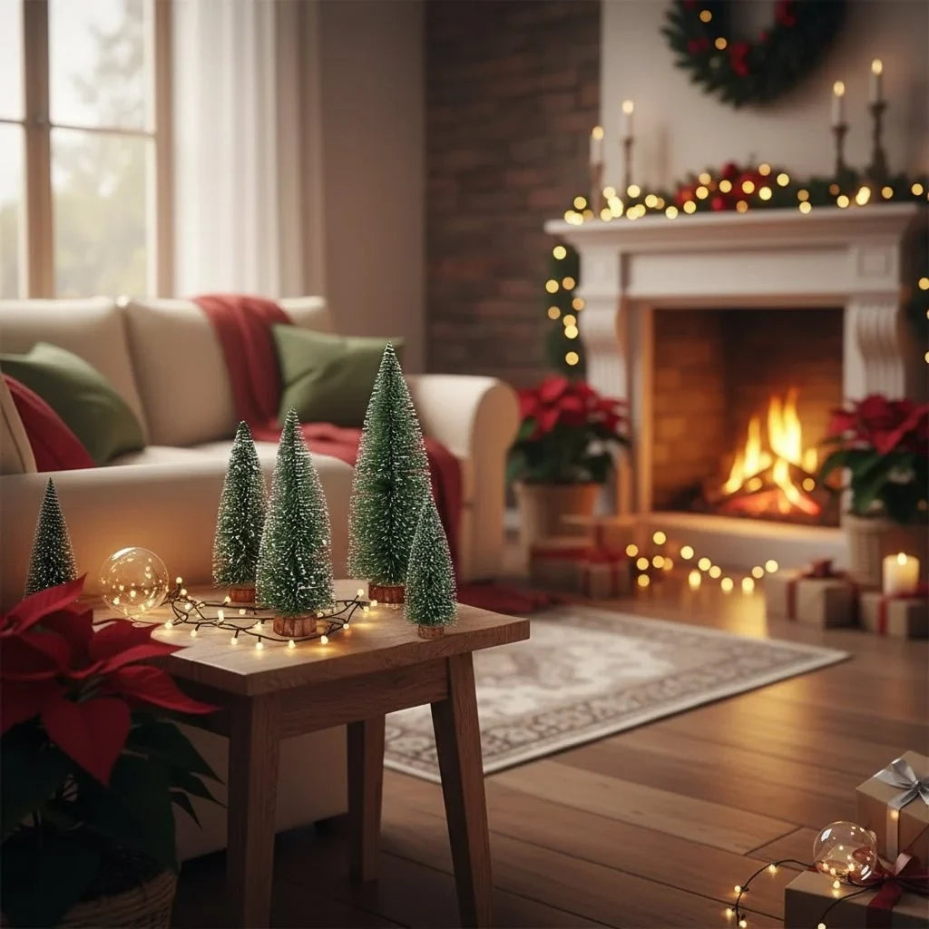 Mini Christmas Trees with Frosted Bottle Brush Branches and Natural Wood Base for Tabletop Decor - Image 5