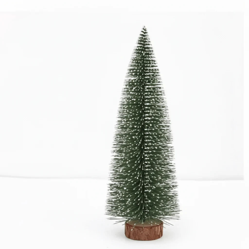 Mini Christmas Trees with Frosted Bottle Brush Branches and Natural Wood Base for Tabletop Decor - Image 7